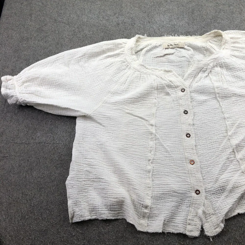 Free People Blouse Womens Medium White Button Gauze 3/4 Sleeve Boho We The Free - Picture 2 of 9